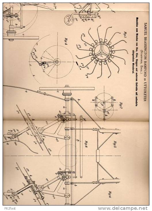 Original Patentschrift - S. Bamford In Uttoxeter , England , 1901 , Maschine Für Heu , Klee Und Getreide , Heuwender !!! - Tools