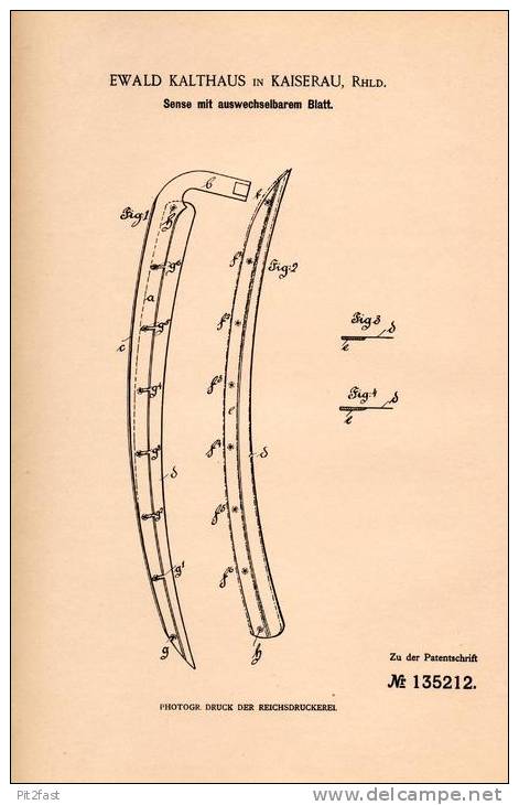 Original Patentschrift - E. Kalthaus In Kaiserau , Rheinland , 1901 , Landwirtschaft , Sense , Mähen !!! - Antike Werkzeuge