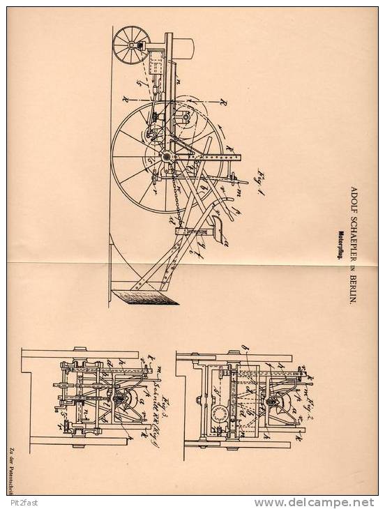 Original Patentschrift - Motorpflug , Traktor , Schlepper , 1900 , Adolf Schaeoler In Berlin !!! - Tracteurs