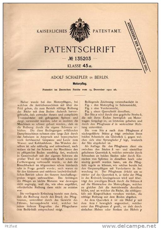 Original Patentschrift - Motorpflug , Traktor , Schlepper , 1900 , Adolf Schaeoler In Berlin !!! - Traktoren