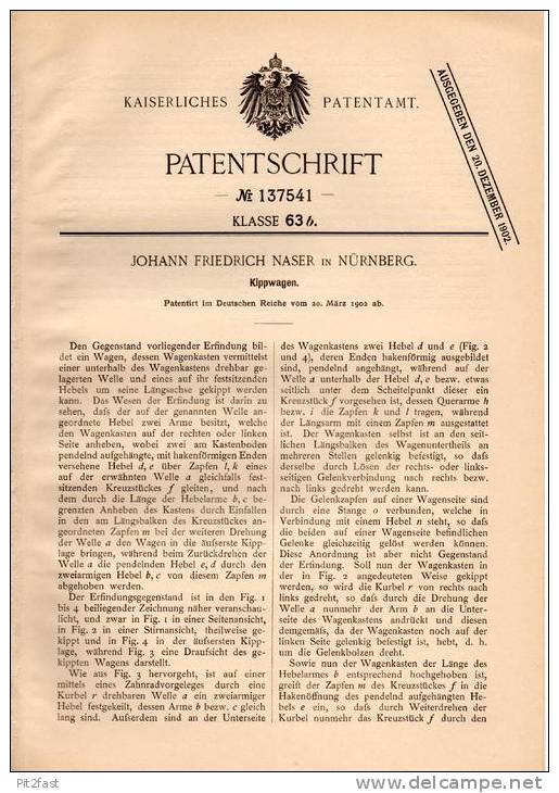 Original Patentschrift - Kippwagen , Kipper , 1902 , J. Naser In Nürnberg !!! - Camion