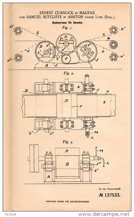 Original Patentschrift - S. Sutcliffe In Ashton Under Lyne Und Halifax , 1901 , Spahnpresse Für Gewebe !!! - Tools