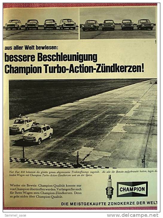 Reklame Werbeanzeige  -  Champion  -  Turbo-Action-Zündkerzen  -  Bessere Beschleunigung  -  Von 1969 - Cars