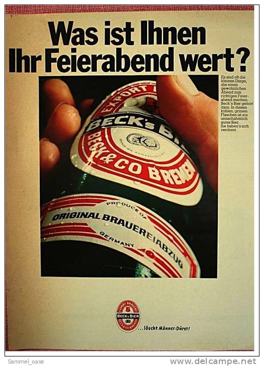 Reklame Werbeanzeige  Beck`s Bier  -  Was Ist Ihnen Ihr Feierabend Wert?  , Von 1969 - Sonstige & Ohne Zuordnung
