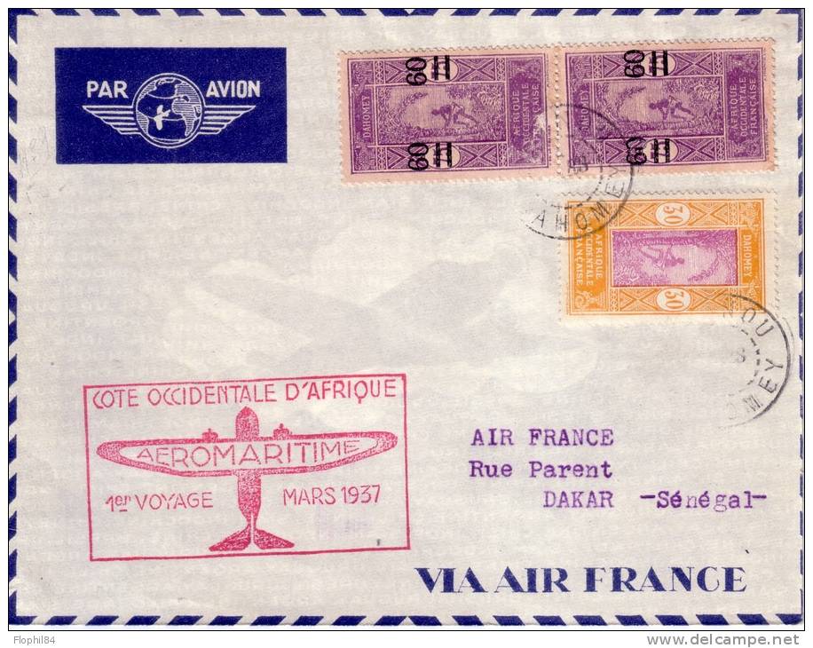 DAHOMEY-COTONOU -LETTRE POUR AIR FRANCE DAKAR-CACHET COTE OCCIDENTALE D'AFRIQUE AEROMARITIME 1e VOYAGE MARS 1937-VERSO D - Brieven En Documenten