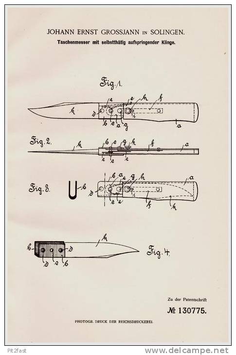 Original Patentschrift - J. Grossjahn In Solingen ,1901, Messer Mit Aufspringender Klinge , Sprungmesser , Taschenmesser - Blankwaffen