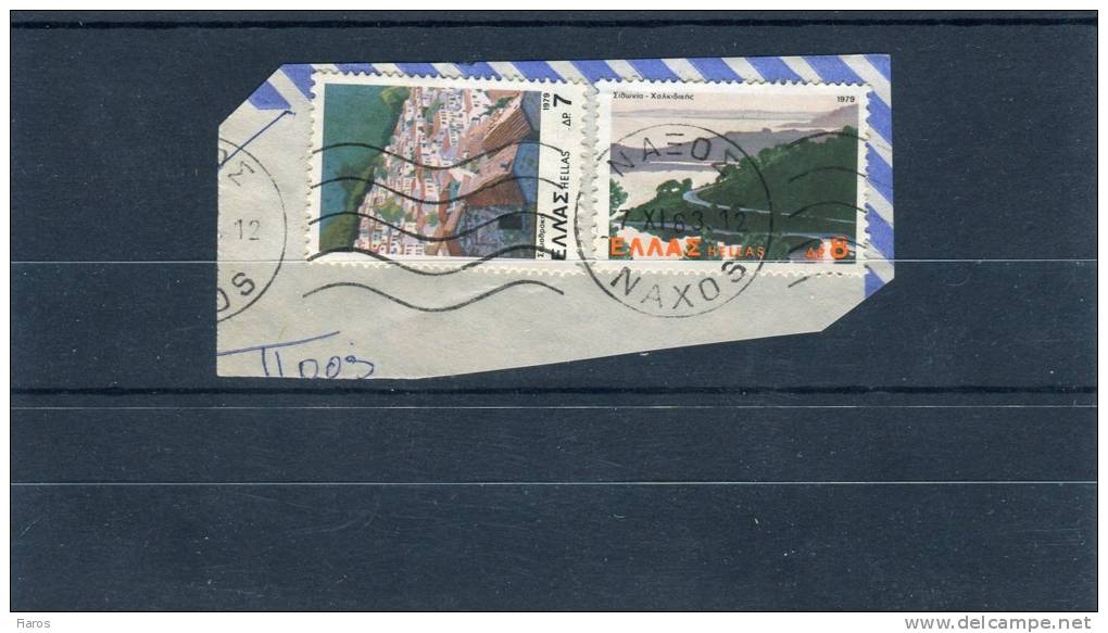 Greece- "Samothrace" & "Sithonia-Chalikidiki" Stamps On Fragment With Bilingual "NAXOS (Cyclades)" [7.11.1983] Postmarks - Postmarks - EMA (Printer Machine)