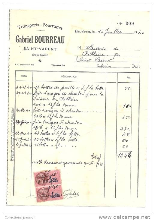 Facture, Transport - Fourages "Gabriel Bourreau" - St-Varent (79) - 1940 - Frais De Port : € 1.55 - Transport