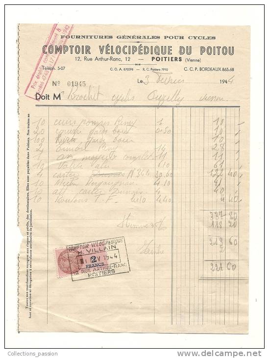 Facture, Comptoir Vélocipédique Du Poitou - Poitiers (86) - 1944 - Frais De Port : € 1.55 - Autres & Non Classés