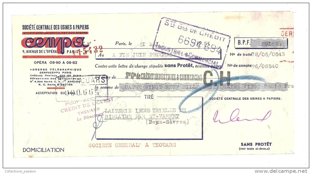 Lettre De Change, Sté Centrale Des Usines à Papier "Cenpa" - Paris (75) - 1953 - Frais De Port : € 1.55 - Bills Of Exchange