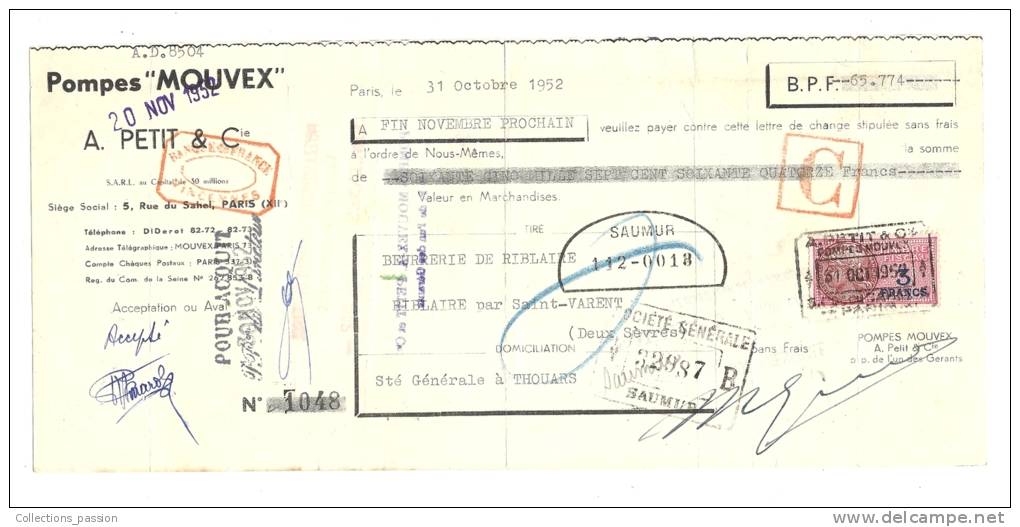 Lettre De Change, Pompes "Mouvex", A. Petit & Cie - Paris (75)  - 1952 - Frais De Port : € 1.55 - Bills Of Exchange