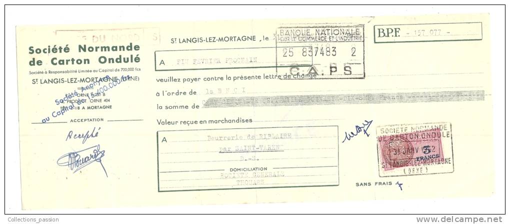 Lettre De Change, Sté Normande De Carton Ondulé - St- Langis-lez-Mortagne (61)  - 1952 - Frais De Port : € 1.55 - Bills Of Exchange
