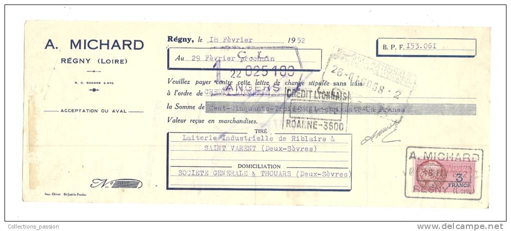 Lettre De Change, A. Michard - Régny (42)  - 1952 - Frais De Port : € 1.55 - Bills Of Exchange