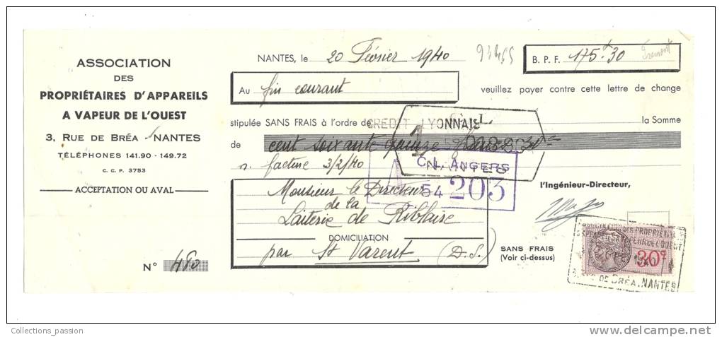 Lettre De Change, Association Propriétaires D'Appareils à Vapeur De L'Ouest, Nantes (44) - 1940 - Frais De Port : € 1.55 - Bills Of Exchange