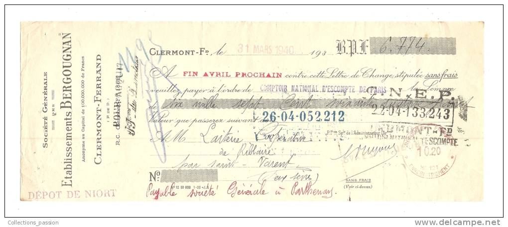 Lettre De Change, Etablissements Bergougnan - Clermond-Ferrand (63) - 1940 - Frais De Port : € 1.55 - Wissels
