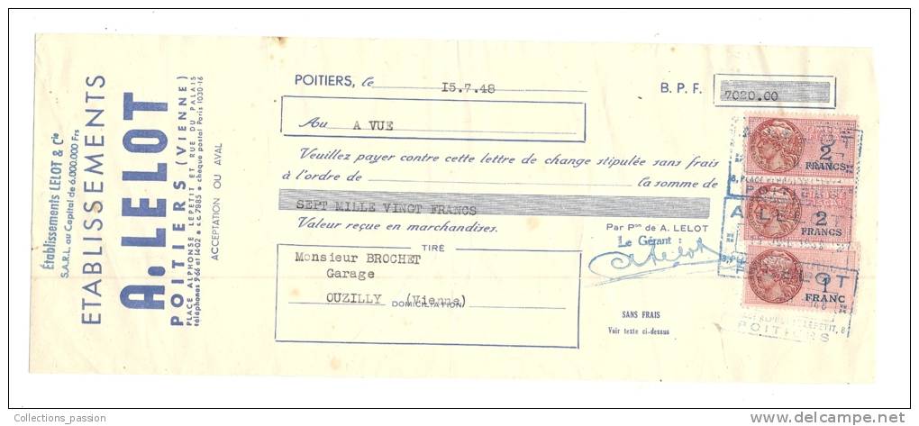 Lettre De Change, Etablissements A. Lelot - Poitiers (86) - 1948 - Frais De Port : € 1.55 - Bills Of Exchange