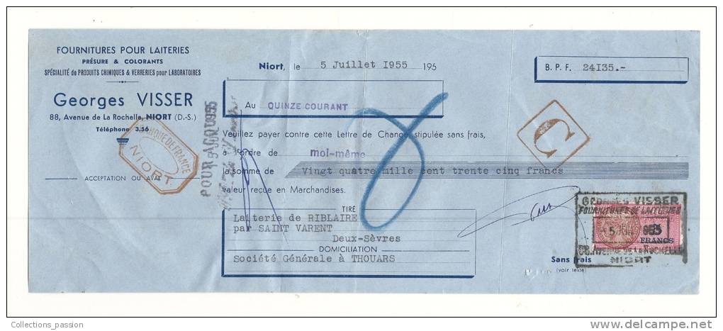 Lettre De Change, Fournitures Pour Laiterie G. Visser - Niort (79) - 1955 - Frais De Port : € 1.55 - Bills Of Exchange