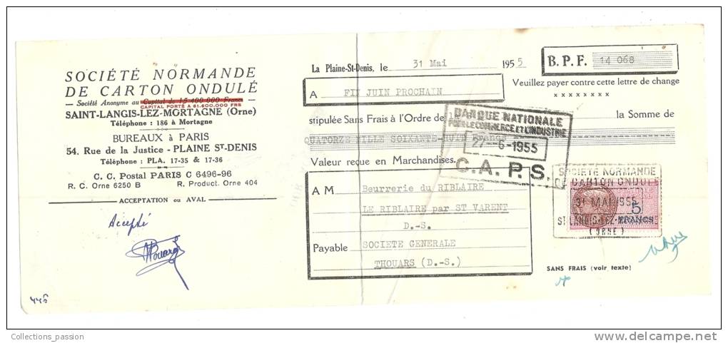 Lettre De Change, Sté Normande De Carton Ondulé - St-Langis-lez-Mortagne (61) - 1955 - Frais De Port : € 1.55 - Bills Of Exchange