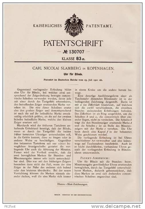 Original Patentschrift - Uhr Für Blinde , 1901 , C. Slamberg In Kopenhagen , Blindheit , Blind , Blindenschrift !!! - Other & Unclassified