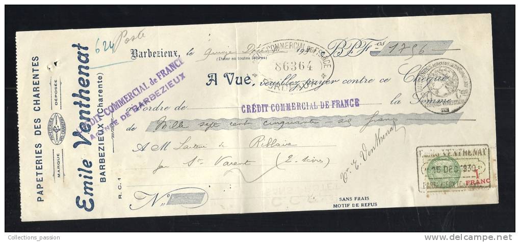 Lettre De Change, Papeteries Des Charentes E. Venthenat - Barbezieux (16) - 1930 - Frais De Port : € 1.55 - Bills Of Exchange