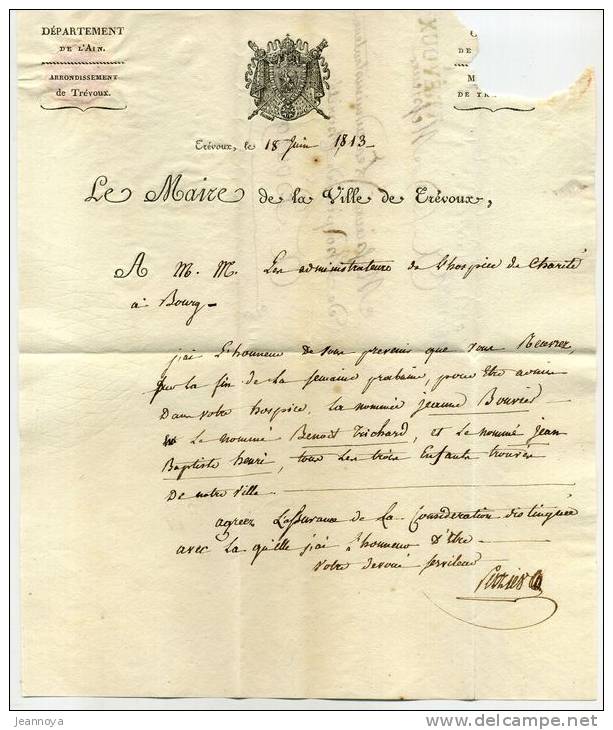 AIN - 1 / TREVOUX, 34 X 11,5, DU 18/6/1813, TAXE 3 MANUSCRITE POUR BOURG, EN TÊTE DE LA MAIRIE  - TB - 1801-1848: Precursors XIX