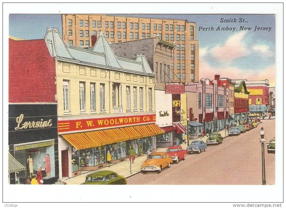 CPA - Elizabeth : Smith St Perth Amboy : Magasins  Voitures  Immeubles ( DessinsStores, Cars, Buildings (drawings Colors - Elizabeth