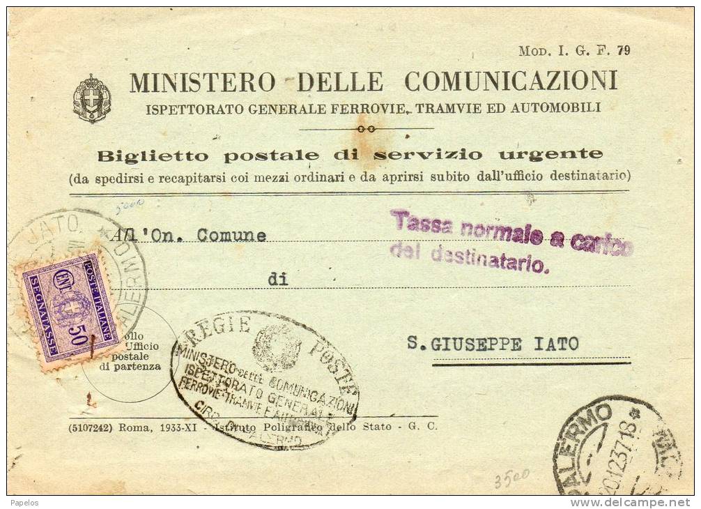 1937 CARTOLINA INTESTATA MINISTERO DELLE COMUNICAZIONI  CON ANNULLO PALERMO - Strafport