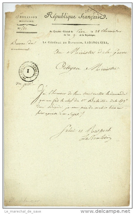 Général De LABAROLIERE Autographe CAEN 1801 Servit à Valmy Vainqueur à Vihiers Révolution Armée Guerre - Documents Historiques