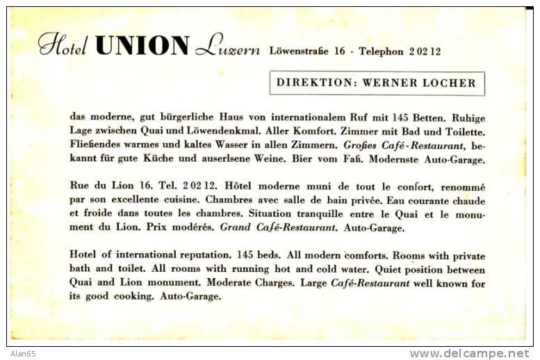 Luzerne Switzerland, Hotel Union, Street Scene, C1930s Vintage Advertisement Card - Andere & Zonder Classificatie