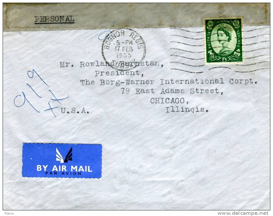 Great Britain- Air Mail Cover Posted By Private Delivery From Bognor Regis/ Sussex [17.2.1955] To "Borg Warner"/ Chicago - Covers & Documents