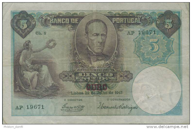 Ref. 47-631 - BI PORTUGAL . 1913. 5 ESCUDOS - CHAPA 1 - ALEXANDRE HERCULANO 1913 - Portugal