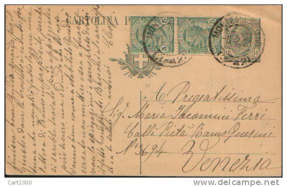 1921 INTERO POSTALE 15C. + 2 VALORI 5C. LEONI DA MONTEMARCIANO (ANCONA)  PER VENEZIA - Interi Postali