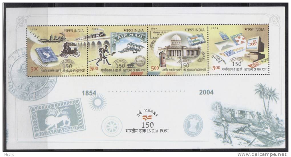 India 2004 Miniature 150 Years Of India Post, MS, Coach, Boat, Train, Letter Box, Computer, Flag, Boat, Etc - Unused Stamps