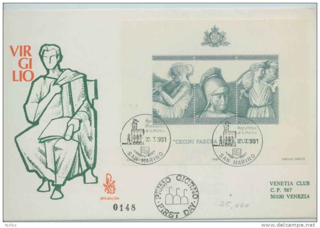 1981 SAN MARINO FDC  "VENETIA" FOGLIETTO BF BIMILLENARIO DELLA MORTE DI  VIRGILIO  RACCOMANDATA - Blocs-feuillets