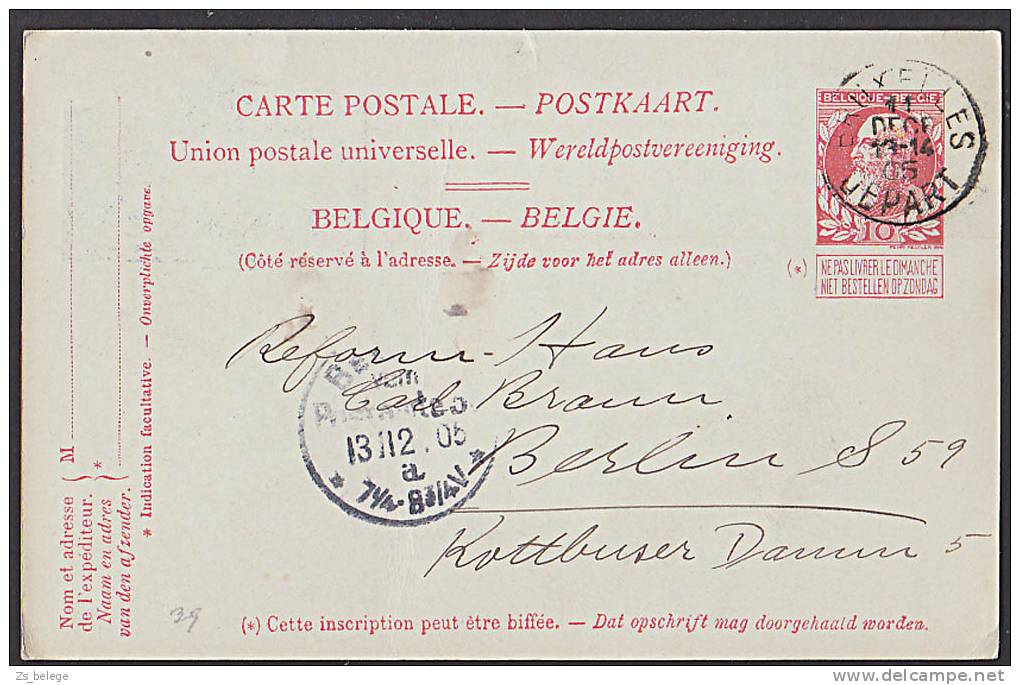 Belgien BRUXELLES  DEPART Ganzsachenkarte Jubiläum 1830 - 1905 Nach BERLIN - 1905 Breiter Bart