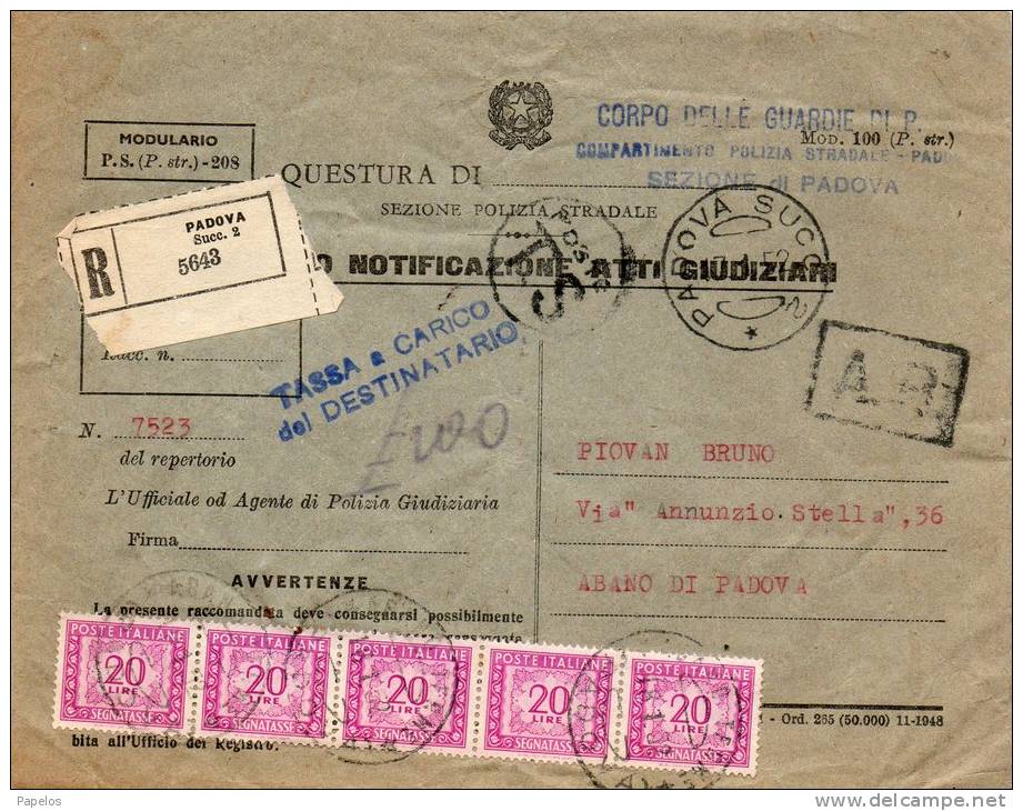 1952  LETTERA   CON ANNULLO    PADOVA - Impuestos