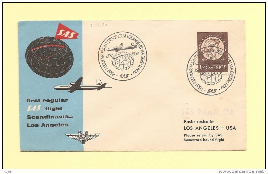 1er Vol - Stockholm Los Angeles - Via Greenland - 15-11-1954 - Storia Postale