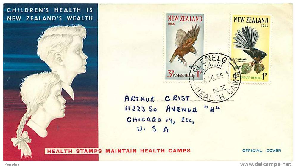 1965  Health Issue  Birds: Kaka, Grey Fantail    SG 831-2   Glenelg Health Camp Cancel - FDC