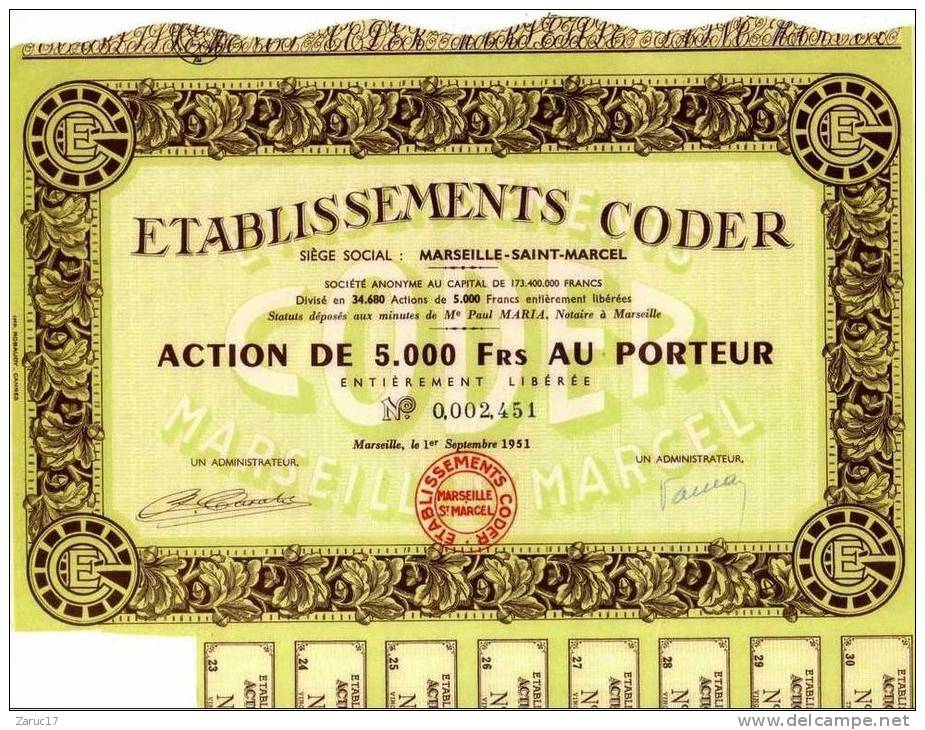 ACTION De 1951 ETABLISSEMENTS CODER MARSEILLE SAINT MARCEL - Industrie