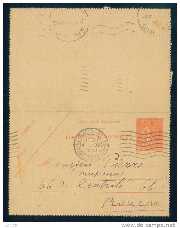 52691 Stationery Entier Ganzsachen CARTE LETTRE / 122 / 1932 PARIS  - SEMEUSE - France Frankreich Francia - Cartoline-lettere