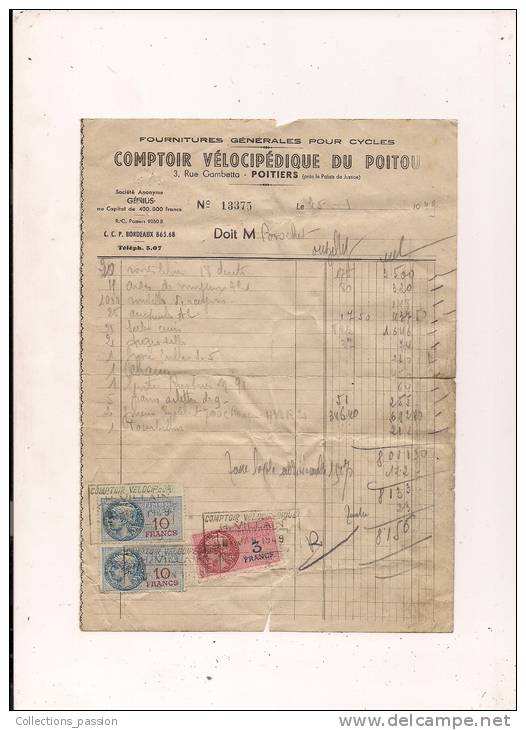 ###facture Timbrée 1949, Comptoir Vélocipédique Du Poitou N°13375, à Poitiers, Haute Vienne - Petits Métiers