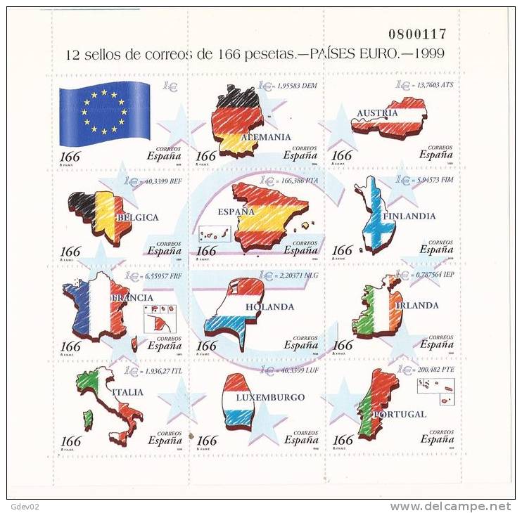 ESMP64-B051TOISC.España.S Pain.Espagne.Banderas.MIN IPLIEGO  PAISES EURO.1999.(Ed. MP 63**) Sin Charnela.LUJO - Otros & Sin Clasificación