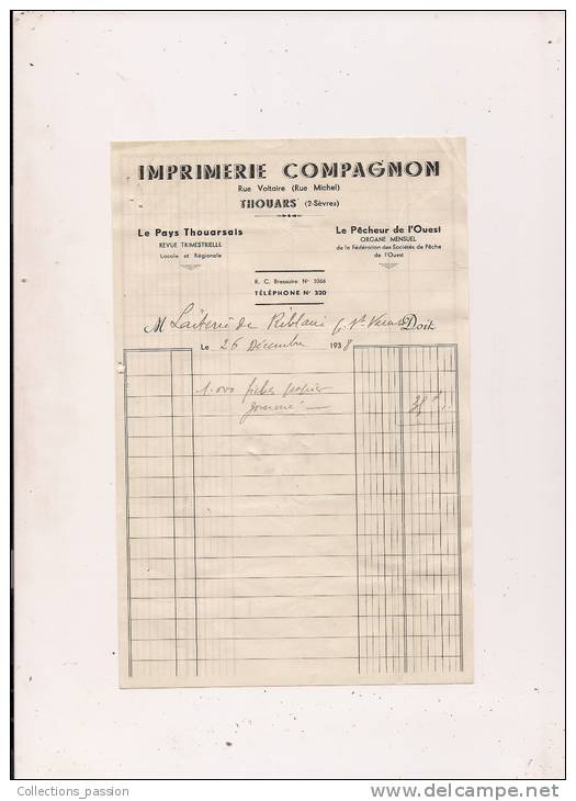 ###Facture De 1938,  Imprimerie Compagnon à Thouars, Deux-Sèvres - Druck & Papierwaren