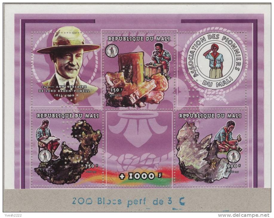 Mali 1997 Y&T 1121/3. Scoutisme Et Minéraux. Bloc Perforé "annulé" Collé Sur Carton Par L´imprimeur Suisse - Minerals