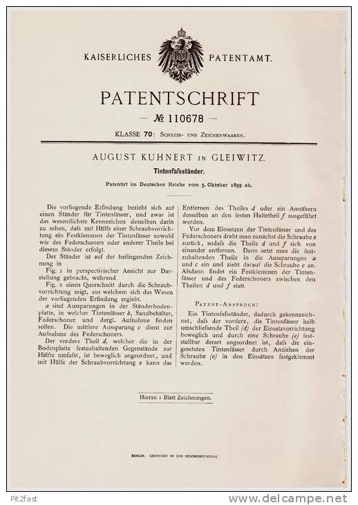 Original Patentschrift - A. Kuhnert In Gleiwitz , 1899 , Tintenfaß - Ständer , Tintenfass !!! - Tintenfässer