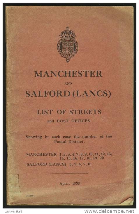 "Manchester And Salford (Lancs)  List Of Streets And Post Offices  1939"                                0.25 L-L - Atlas, Kaarten