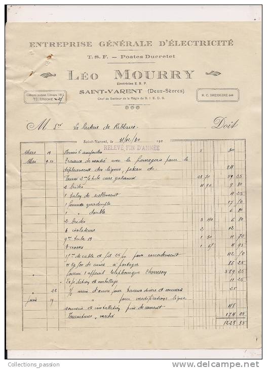 ###Facture De 1930, Electricité Générale Léo Mourry à Saint Varent, Deux-Sèvres - Elektriciteit En Gas