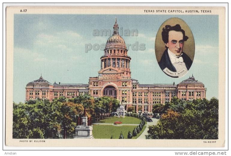 USA, AUSTIN TEXAS TX ~ STATE CAPITOL BUILDING ~ STEPHEN  F. AUSTIN PORTRAIT ~ C1940s Vintage Unused Linen Postcard - Austin