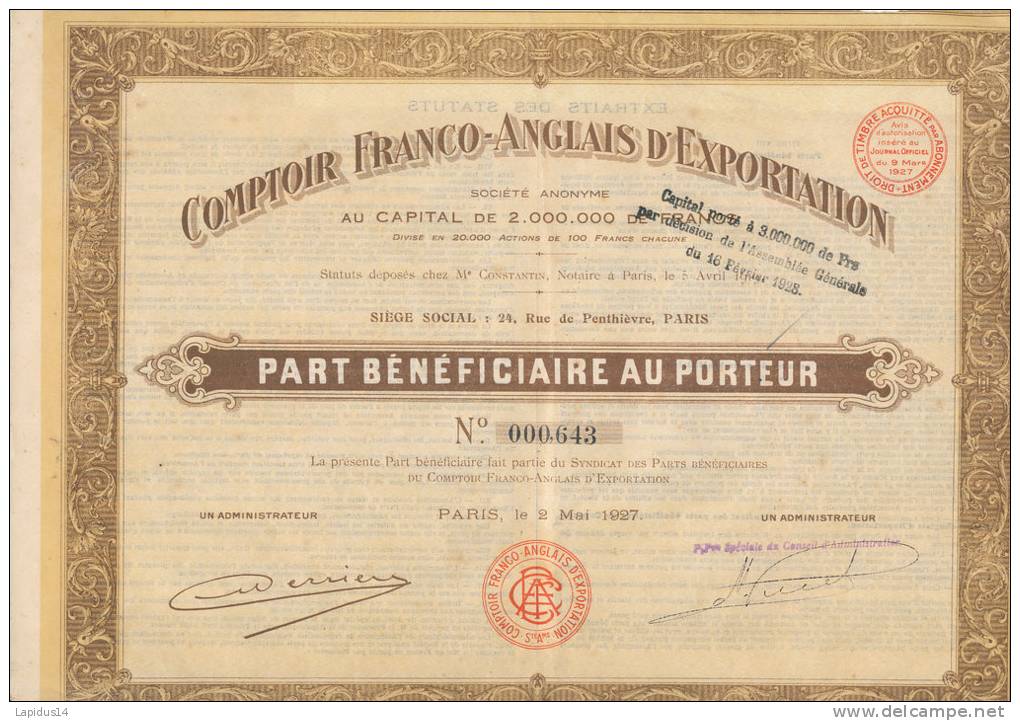 TITRE  -COMPTOIR FRANCO-ANGLAIS  D'EXPORTATION - Industrie