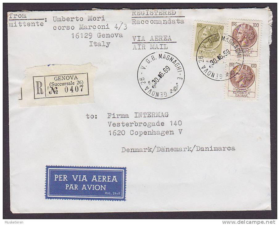 ## Italy Via Aerea Label Registered Einschreiben Raccomandata GENOVA (Succursale 26) Label 1969 Cover Lettera Denmark - Luchtpost